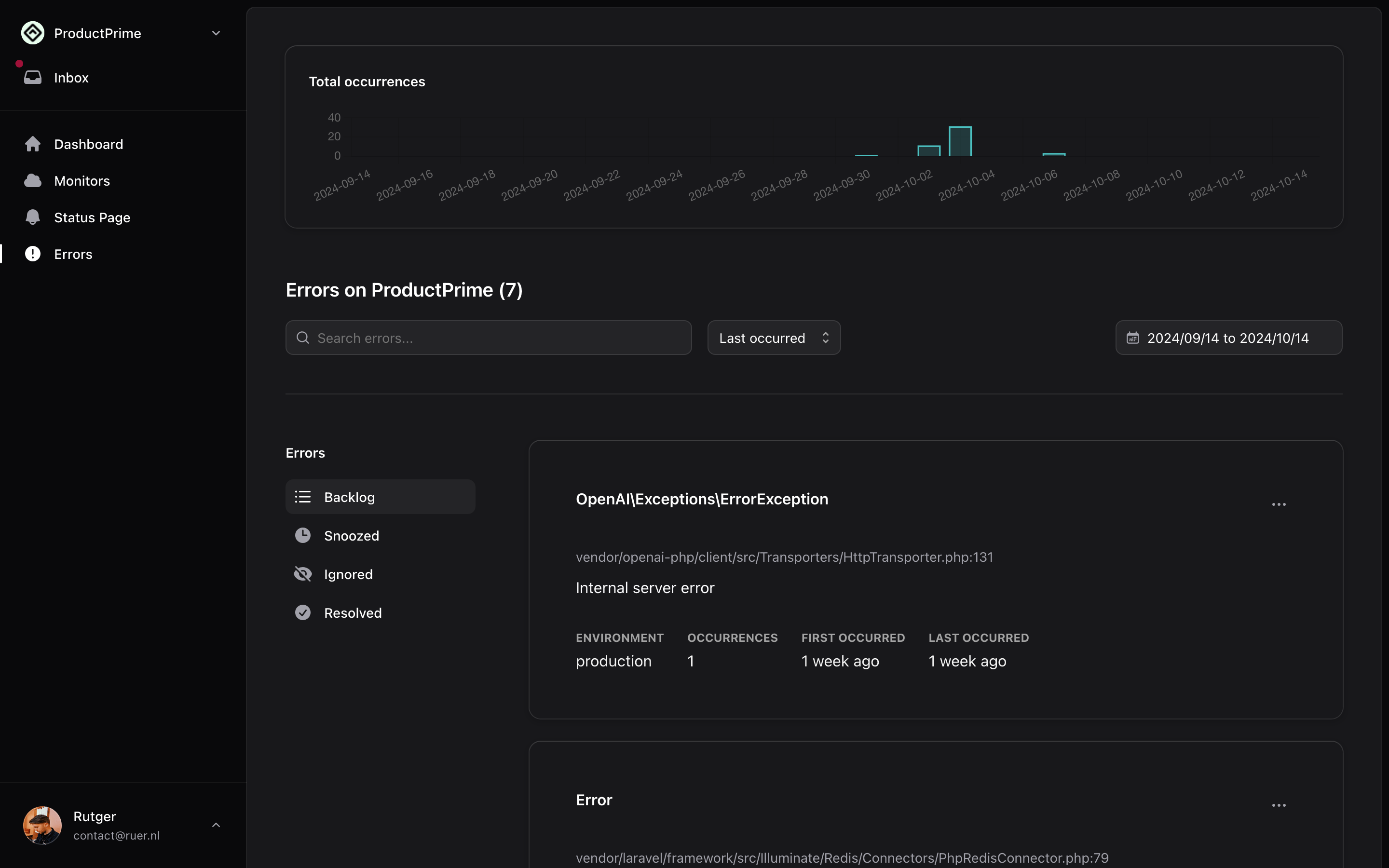 Sorane Error tracking for Laravel screenshot